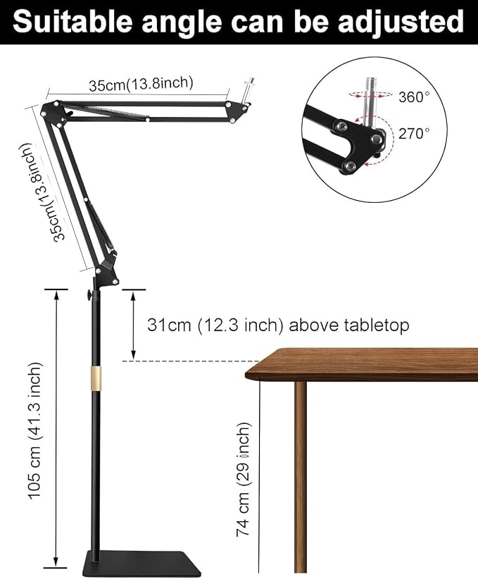 Microphone Floor Stand for Blue Yeti, Nano, Snowball, HyperX,Razer,Logitech USB and Condenser Mic,Adjustable Boom Arm Stand with 1/4'' Thread and 3/8" 5/8" Adapter, Pop Filter, Mic Clip, Cable Ties