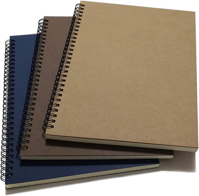 YUREE Spiral Notebook/Spiral Journal Lined, B5 Hard Kraft Cover Wire Bound Notebook Ruled, 70 Sheets (140 Pages), 10.5" x 7.3", 3 Notebooks Per Pack, Dark Brown/Blue/Brown