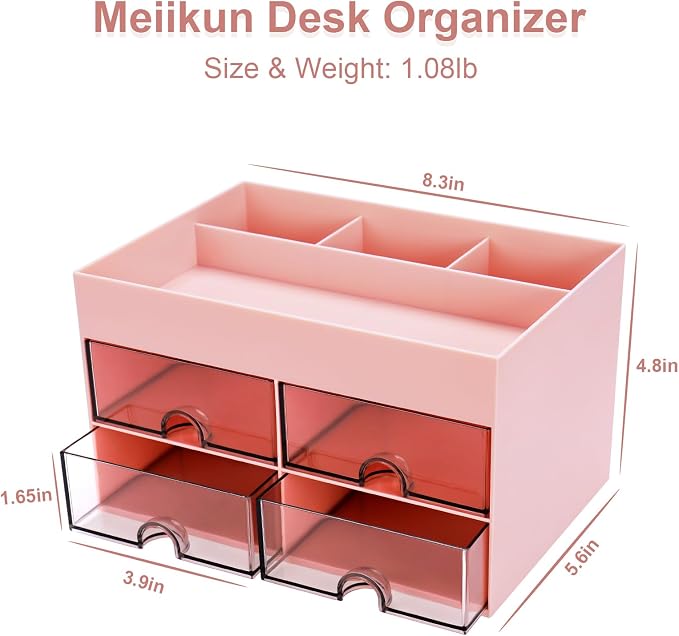 Meiikun Desk Organizer, Office Organizer with Drawer, Desk Accessories & Workspace Organizers, Pen Holder Office Supplies for Desk (4 Drawers+4 Compartments, Pink)