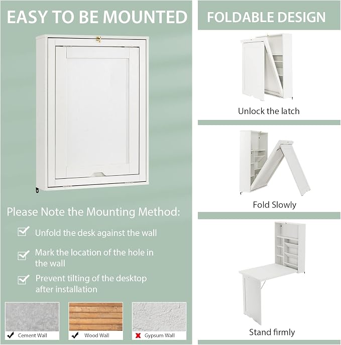 Wall Mounted Desk, Wood Collapsible Floating Desk, Convertible Computer Desk with Storage Area, Hanging Fold Out Table for Home Office, Small Spaces (White)