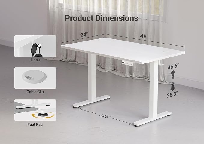 YDN Electric Standing Desk Adjustable Height, Stand up Desk with Cable Management, Home Office Desks with Splice Board & Frame, 48 x 24 Inches, Warm White
