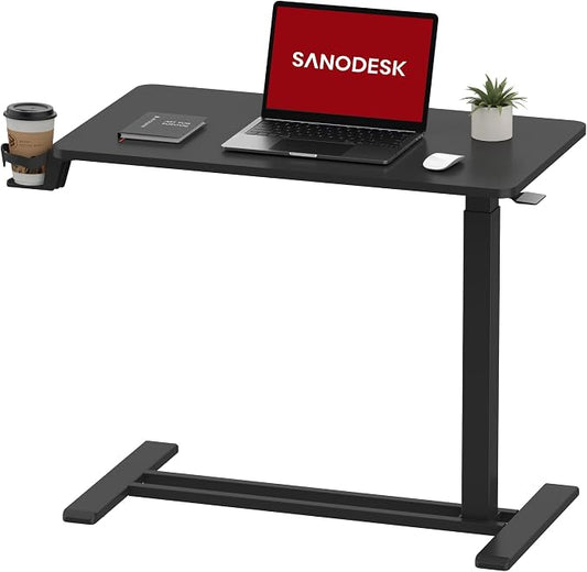 SANODESK 32'' Mobile Standing Desk with Hidden Wheels,Pneumatic Laptop Desk | Sofa Computer Cart Movable Height Adjustable Table Small Sit Stand Desk for Home Office Hospital Use,31.5" W x 17.7" D,Black
