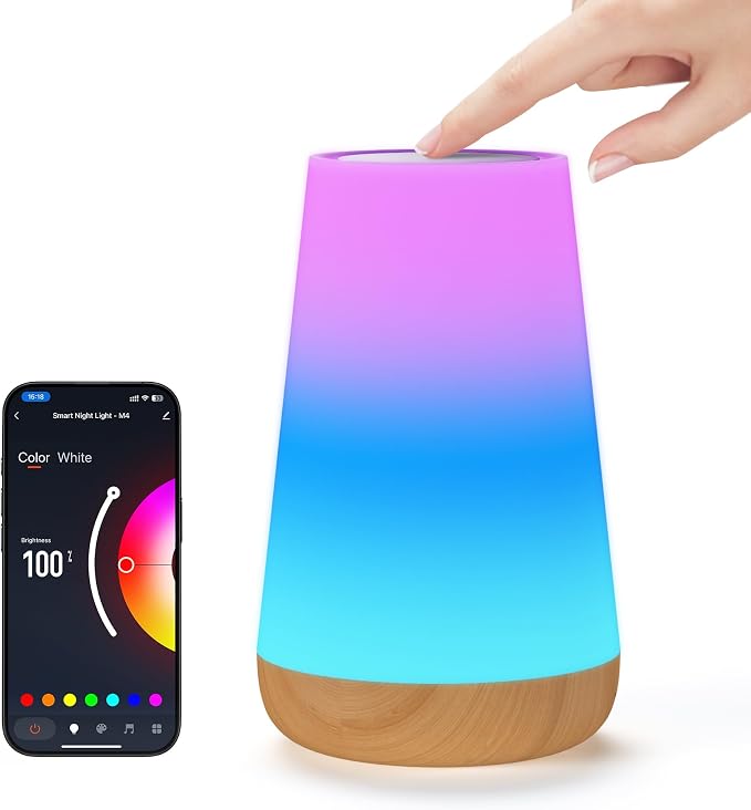 Smart Table Lamp Compatible with Alexa, Dimmable Nursery Night Light with App/Voice Control & Music Sync, RGB Warm Light Bedside Lamp for Kids with Timer, Cable and Adapter Included