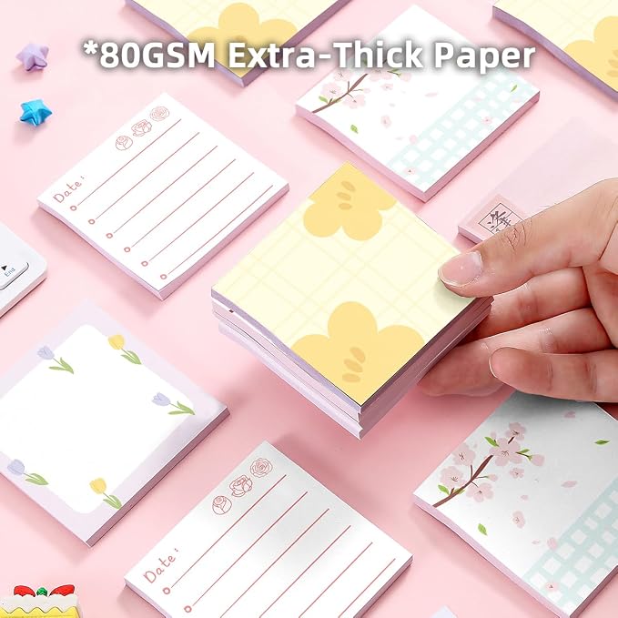 4-Pads 3x3 Sticky Notes, Aesthetic Memo Pads with High-Adhesive, Cute Self-Stick Notes, Reusable & Tearable for Journal Planners Office School Home, Plant Stationery Gift - Floral Notes