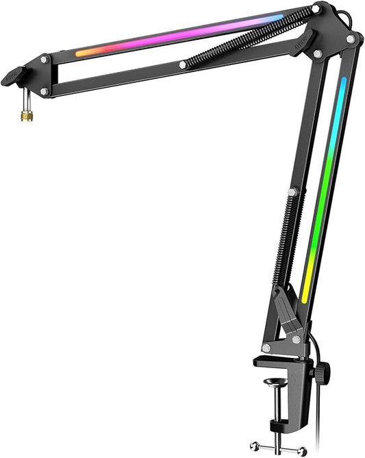 FIFINE Microphone Boom Arm, Metal Adjustable Mic Arm Stand with RGB Control, 3/8” to 5/8” Screw Adapter, Desk Mount Clamp, Suspension Scissor Mic Stand for Gaming Streaming Podcast-AmpliGame BM38