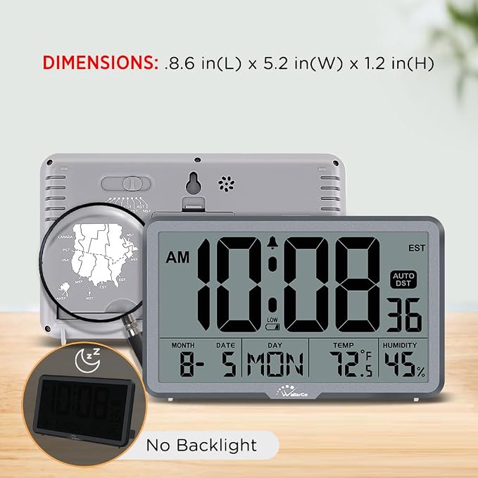 WallarGe Auto Set Digital Wall Clock Battery Operated, Auto DST | Desk Clock with Temperature, Humidity and Date, Large Display Digital Calendar Alarm Clock for Bedroom, Office, Classroom