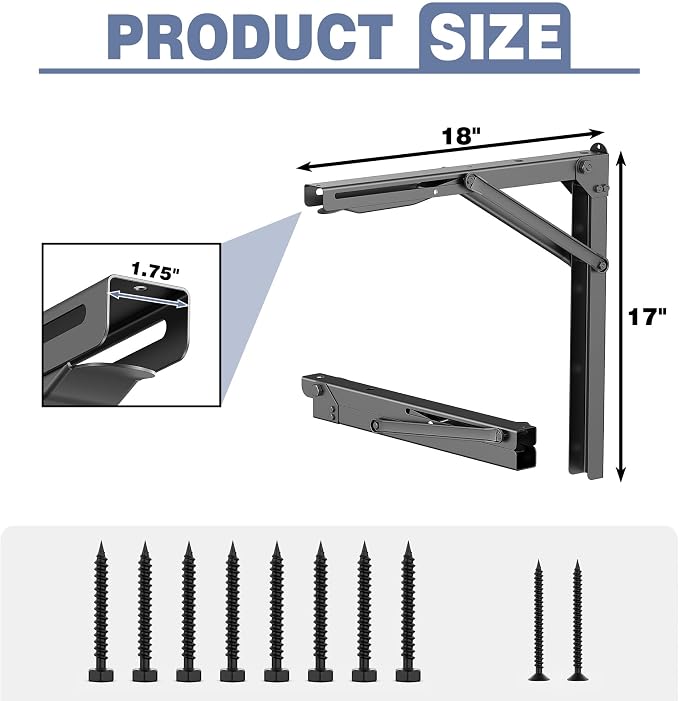 WALMANN Heavy Duty 18" Folding Shelf Brackets, Wall-Mounted Collapsible Brackets for Workbench/Table, 550 lbs Capacity, Space-Saving Hinges for Garage, Kitchen, Laundry(No Board)