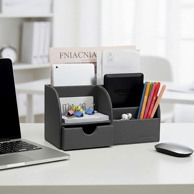 UnionBasic Desk Organizer - Multifunctional Leather Desktop Pen Holder Storage Box - Business Card/Pen/Pencil/Mobile Phone/Stationery Holder, Taiga Dark Gray
