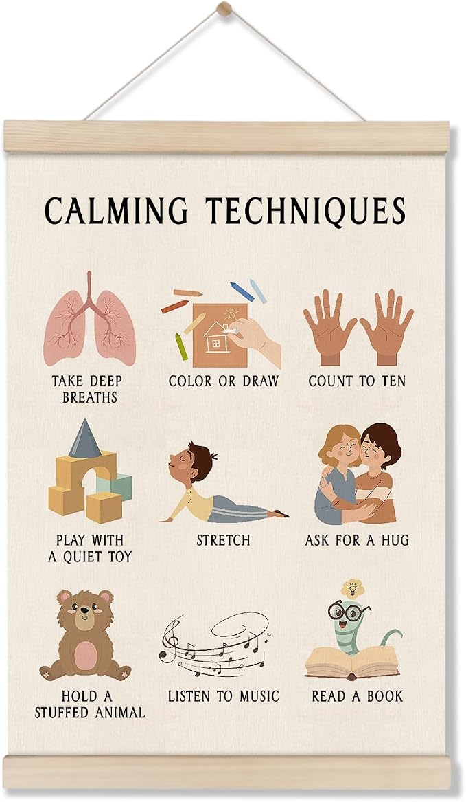 DOI-LANEE Mental Health Posters Hanger Frame, Educational Boho Classroom Poster 16x12 Inch, Calming Corner Wall Art, Therapy Office Decor, Homeschool Decoration, Calming Techniques Hanging Frame