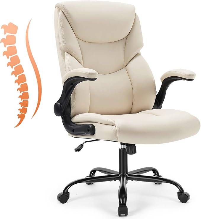 Sweetcrispy Ergonomic Office Chair - Heavy Duty Task Desk Chair with Flip-up Armrest, PU Leather, Height Adjustable & Swivel Rolling Chair with Wheels, Beige