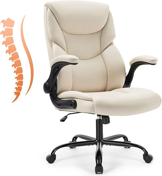 Sweetcrispy Ergonomic Office Chair - Heavy Duty Task Desk Chair with Flip-up Armrest, PU Leather, Height Adjustable & Swivel Rolling Chair with Wheels, Beige