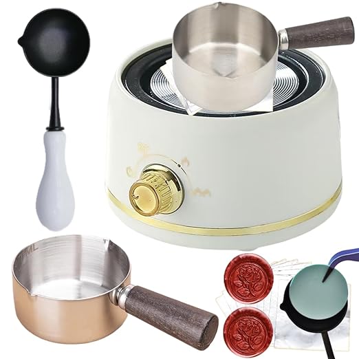 Electric Wax Seal Melting Furnace Warmer Kit, Sealing Wax Warmer Electrical with a 80ml Large Spoon, a Non-Slip Melt Scoop Great Tool for Melting Waxs Seals Sticks Beads (300 Green White Kit)