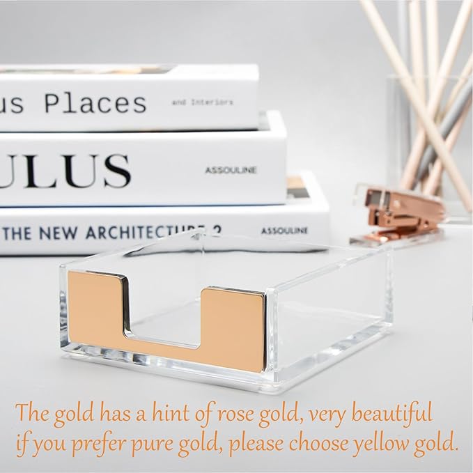 NatSumeBasics Gold Sticky Note Holder Clear Acrylic Post a Note Dispenser Cute Desk Organizer for Office Home School Aesthetic Accessories (Matt Gold)