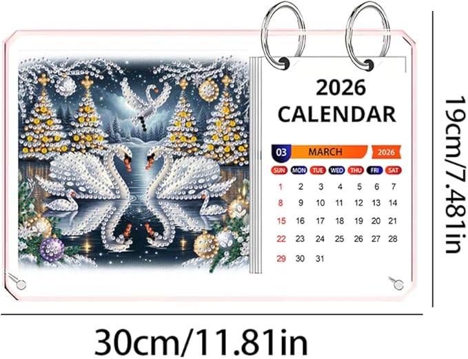 2026 Standing Desk Calendar DIY Diamond Art Painting Monthly Flip Desktop Calendar Mosaic Kits Acrylic Tabletop Calendars Diamond Art Craft Supplies Planner for Office Home Decor-Swan