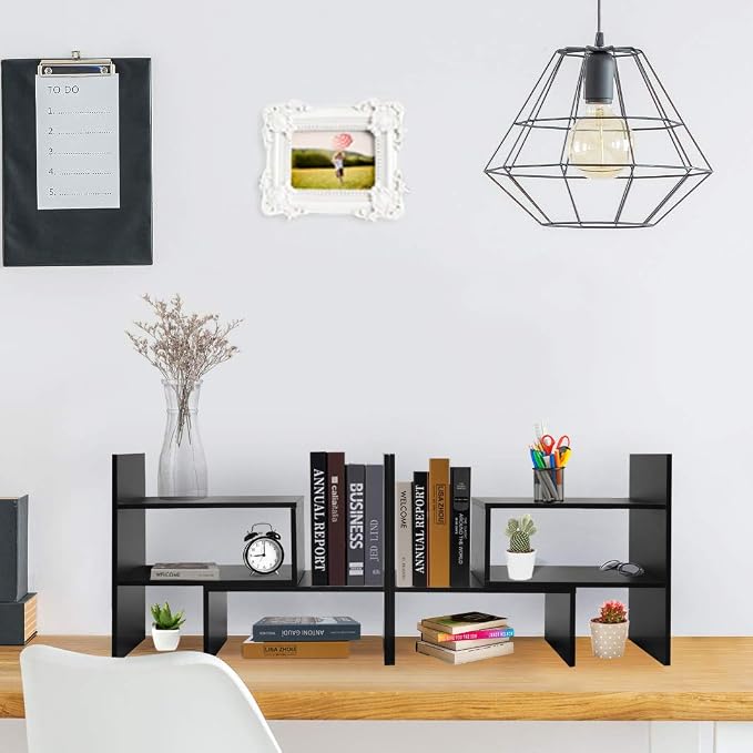 Hossejoy Desk Shelf, Adjustable Desktop Storage Organizer, Wood Display Shelf Rack, Office Supplies Desk Organizer, Black
