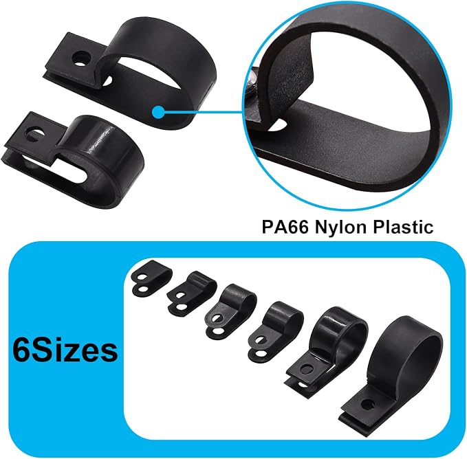 TWTADE 222PCS Black Cable Clamps Assortment Kit,Nylon Plastic R-Type 6 Sizes 3/16'' 1/4'' 3/8'' 1/2'' 3/4'' 1'' Cable Mounting Wire Clips Fastener with Screws for Wire Management