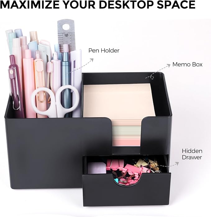 SKYDUE Small Desk Organizer with Drawer | 3 Compartments, Desk Pen Holder, For Home, School, Office & College Dorm Room