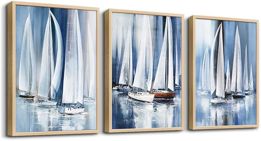 Wall Decorations For Living Room Natural Wood Framed Wall Art For Bedroom Office Wall Decor Wall Hanging Decor Abstract Seascape Sailboat Artwork For Wall Painting Print Pictures Home Decor 3 Piece