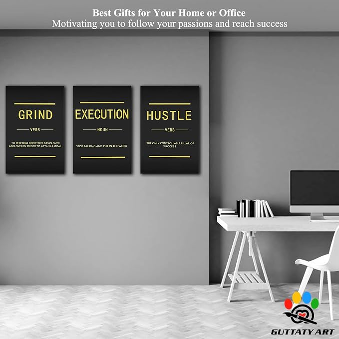 Office Wall Art - 3 Panel Motivational Wall Art, Inspirational Quotes Canvas Art for Home Office Wall Decor, Positive Quotes Wall Decor, Entrepreneur Grind Hustle Execution Poster Frame (24”x36”x3Pcs)