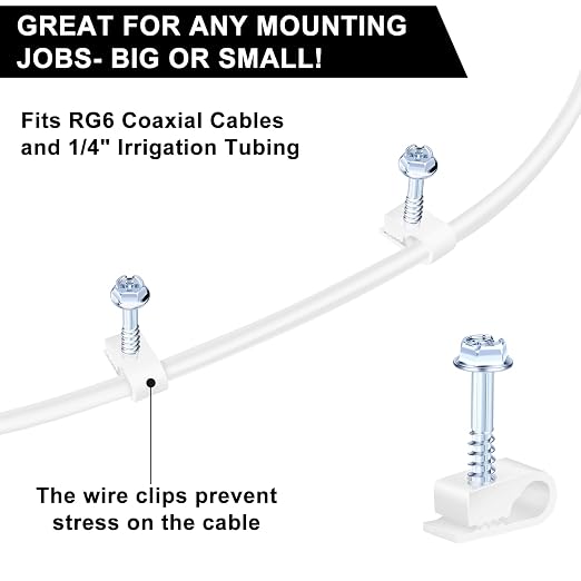 Cable Clips with Screws Fastener 1/4 Inch (6 mm) - All Weather Wire Clips for Coaxial, Ethernet,Electrical Cables,Brick/Stucco Siding Clips, UV-Resistant for Outdoor Wall Mount,50 Pack,White