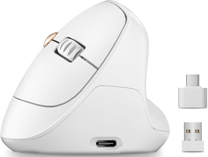 Ergonomic Vertical Wireless Mouse, 57°, Small/Medium Hands, White | Rechargeable, Quiet Click, 800/1200/1600 DPI, 2.4GHz USB Receiver, Forward/Back Buttons, Computer Mouse for Laptop PC Mac