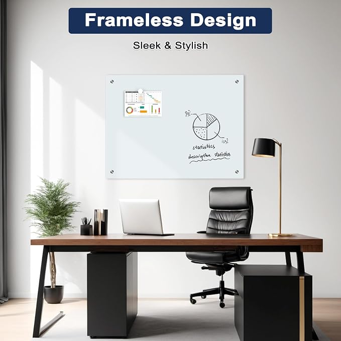Magnetic Glass Whiteboard, 24" x 18", Frameless Wall Mount, Normal White | Glass Dry Erase Board for Wall, Includes 1 Marker Tray and 6 Magnets, White Board for Office, Home, Classroom