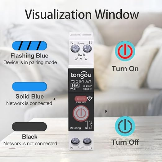 TONGOU DIY 1P+N Smart Wi-Fi Switch, Work with Alexa and Google Assistant for Voice Control, 16A with Energy Monitor, Smart Life/Tuya APP Remote Control, Timer Functions, DIN Rail Mounted,FCC Certified