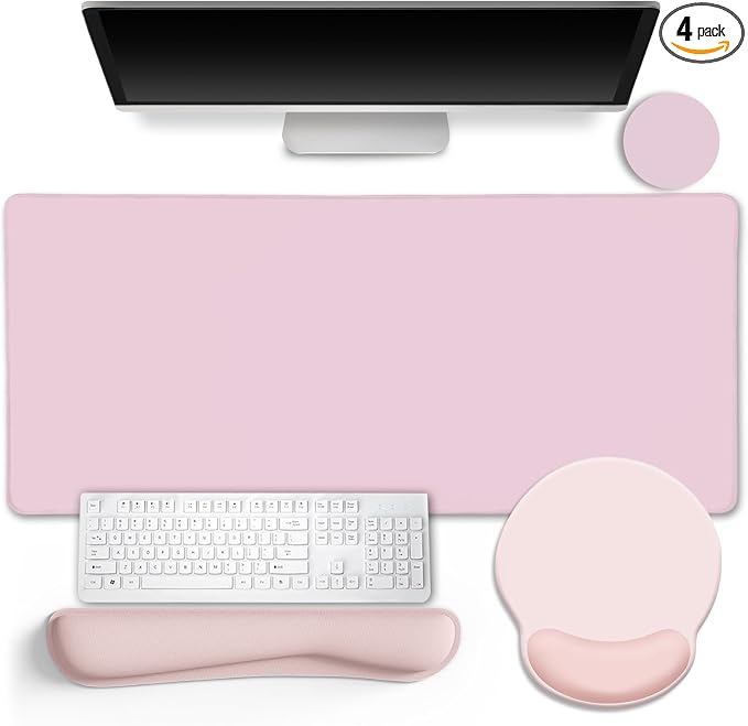 LIMKRIAN Pink Mouse Pad Set, Complete XXL Desk Mat with Ergonomic Keyboard Support & Coaster, Featuring Mouse Pad with Gel Wrist Rest for Pain Relief, Soft Pink Home Office Gaming Accessories Gift