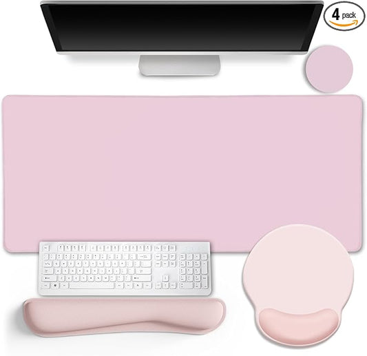 LIMKRIAN Pink Mouse Pad Set, Complete XXL Desk Mat with Ergonomic Keyboard Support & Coaster, Featuring Mouse Pad with Gel Wrist Rest for Pain Relief, Soft Pink Home Office Gaming Accessories Gift