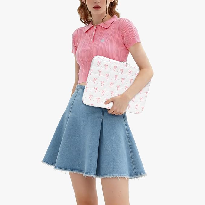 Cute Bow Puffy Laptop Sleeve 13-15 Inch Cute Quilted Laptop Protective Case Padded Bow Computer Sleeve for MacBook