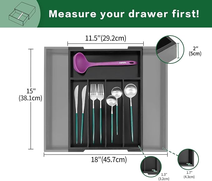 Utoplike Bamboo Silverware Drawer Organizer, Black Kitchen Utensils Tray | Expandable Drawers Organiser, Cutlery Dividers, Flatware Caddy Drawer Insert, Office Supplies, 5-7 Slots