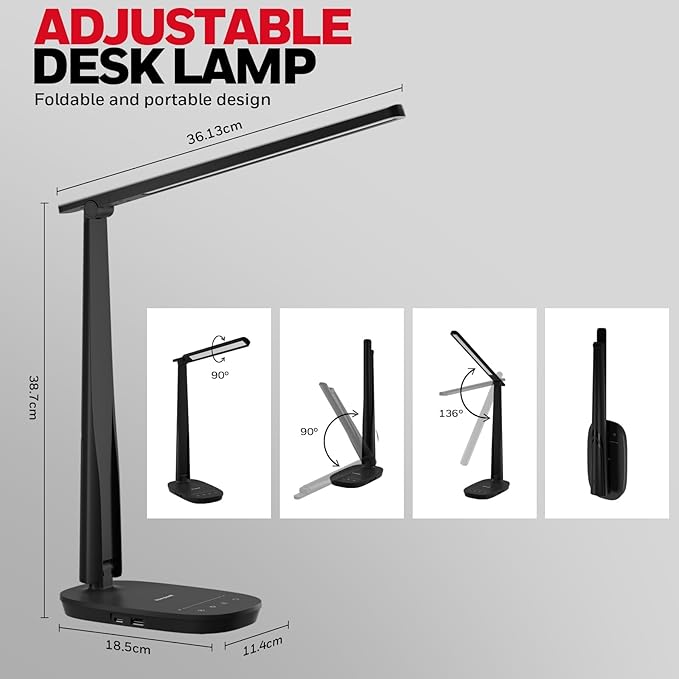Honeywell HWT-H2 LED Desk Lamp for Home Office, CRI94 Full Spectrum Eye-Caring Light, Dimmable Table Lamp with USB-A & USB-C Charging Ports, Foldable Touch Control Reading Lamp, Black