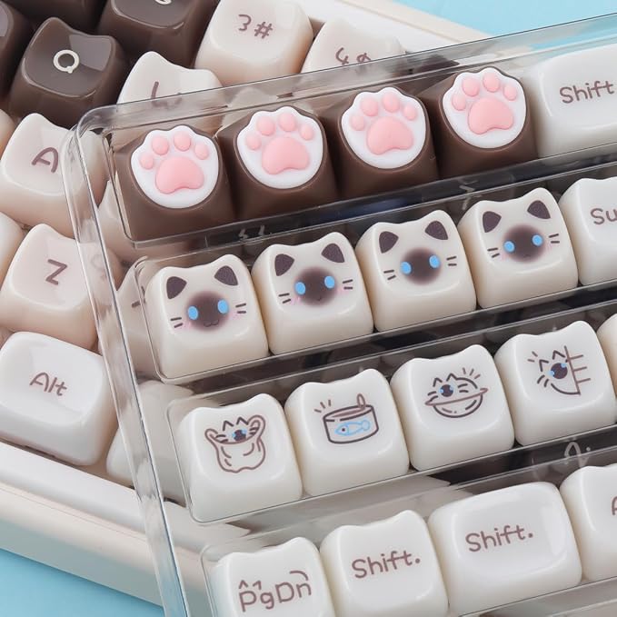 Sunzit Cute Cat Keycaps-Mao Profile,148 Keys Brown Siamese Cat Custom Keycaps 60 65 75 100 Percent,Cute Key caps Keyboard Keycap Set for MX Switches Mechanical Keyboard