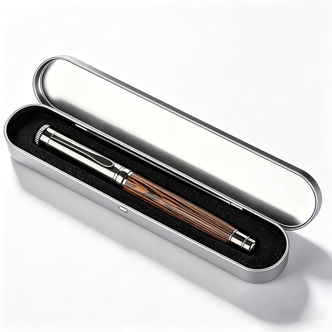 Luxury Wood Rollerball Pen Set, 0.5mm Black Ink Handcrafted Chicken Wing Wood Signature Pen, Professional Executive Pens with Metal Box for Men Women