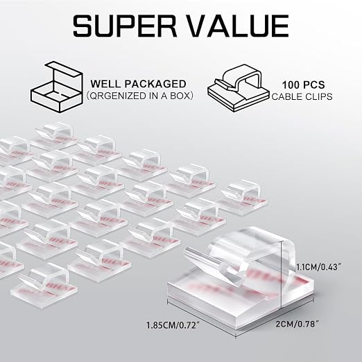 KGROTE 100PCS Cable Clips, Adhesive Wire Clips Strong Cord Clips Wire Holders, Cable Management Clips for Desk, Wall, Car, TV, Ethernet Cable (Clear, Medium)