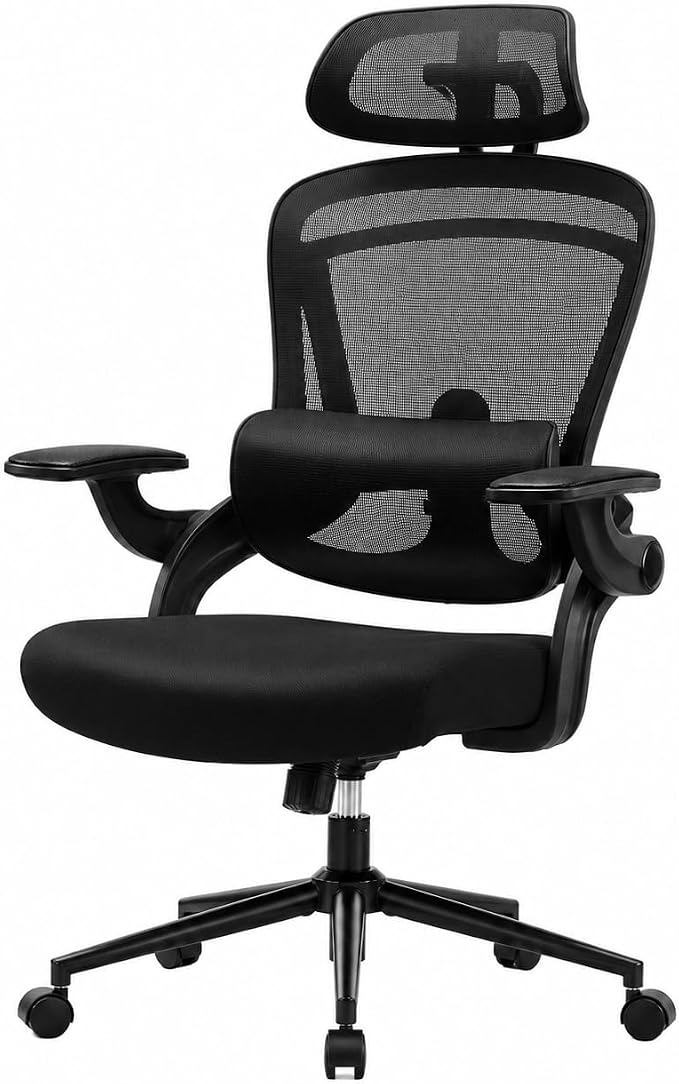 Ergonomic Office Chair, Home Office Desk Chairs with Adjustable Lumbar Support and Headrest, High Back Mesh Computer Desk Chair with 3D Flip-up Armrests & 360° Swivel Wheels, 275 LBS