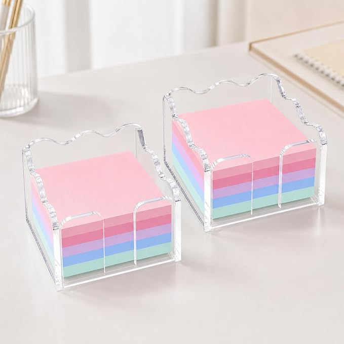 Scalloped Acrylic Sticky Note Holder - 2 Pack Clear Cute Notepad Holder, 3x3 Inch Wave Design Post It Dispenser Desk Organizers for Office & School