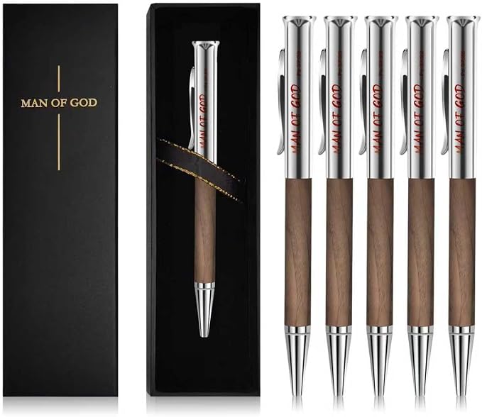 Christian Gifts for Men – Man of God Engraved Walnut Wood Rollerball Pen Set (5 Pack), Each Pen Individually Gift Boxed – Ideal for Pastor, Father’s Day & Graduation
