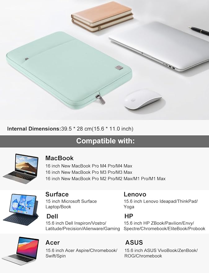 DOMISO Laptop Case Laptop Sleeve Cover for 16 inch MacBook Pro M4/M3/M2/M1 Pro/Max A3403 A3186 A2991 A2780 A2485 A2141,Compatible with 15.6 inch HP Lenovo Dell XPS 16,Mint Green