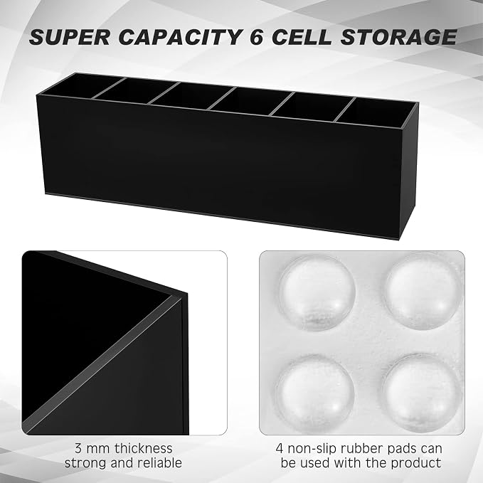 2 Pack Acrylic Makeup Brush Holder 6 Compartments Pencil Organizer Cup Pencil Holder for Desk Pen Organizer Storage Pen Holder for Accessories Cosmetic Brushes Office Bathroom Kitchen Supplies (Black)