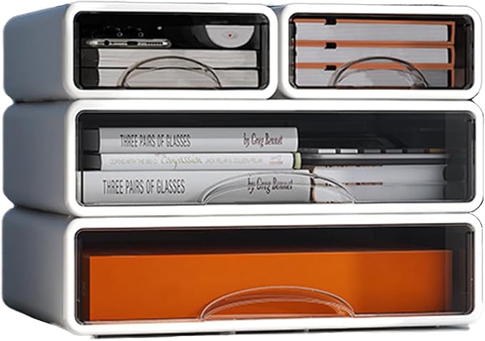 Desk Organizer with Drawers, Stackable Storage Drawers with Compartments Desktop Organization for Office Supplies, Makeup, Pencils, Tape, Erasers, Paperclips, Chargers (White 2S2M)