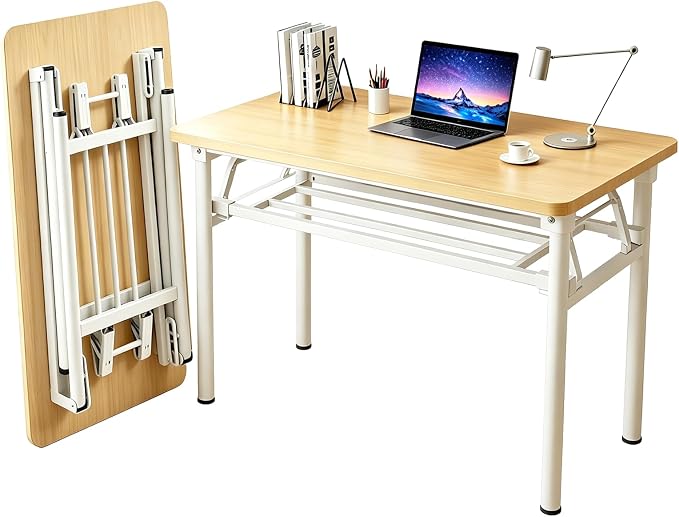 Folding Desk for Small Spaces, 39.4 Inch Foldable Computer Desk, No Assembly Required, Space Saving Portable Study Table for Compact Home Office, Bedroom, Dorm, Apartment, Teak&White