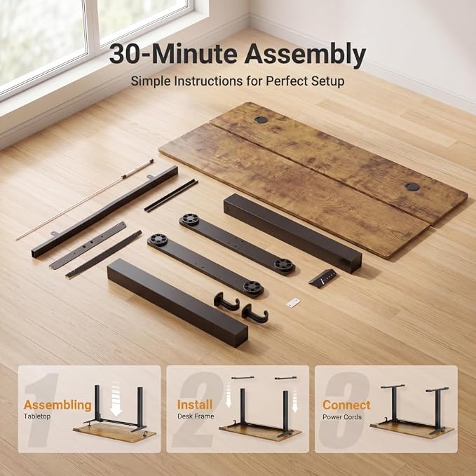 Claiks Electric Standing Desk 35x20 Inch Adjustable Desk, Rustic Brown | 156lbs weight capacity, 3 memory presets, industrial steel frame, cable management hub, adjustable height , easy assembly