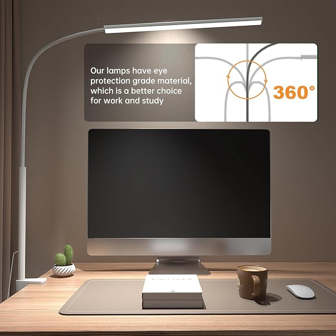 LED Desk Lamp with Clamp, 5 Color Modes & 10 Brightness Levels, Eye-Caring Desk Light, Flexible Gooseneck, Memory Function, Adapter Included for Home Office, Reading & Study