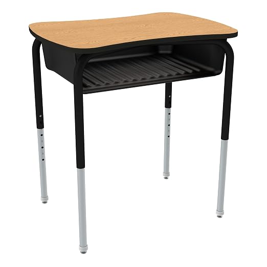 Bow Tie Adjustable Height Open Front Desk with Laminate Top -Oak Top, Black Book Box, Black Frame (2-Pack)