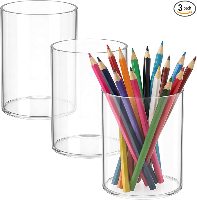 Mototo 3PCS Clear Acrylic Pen Holder Round Pencil Cup Office Desk Organizer | Toothbrush Utensil Holder Marker Makeup Brush Organizer Pencil Box Coffee Stirrers Storage Container for Classroom Counter