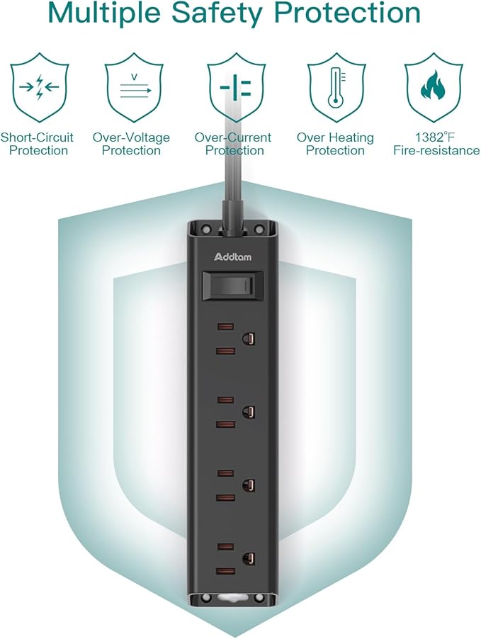 Addtam Power Strip Surge Protector with 12 Outlets, Flat Plug Extension Cord 6FT, Ultra Thin Wall Plug, 3-Side Wide Spaced Outlet Extender, Wall Mount Desk Charging Station for Home Office Garage