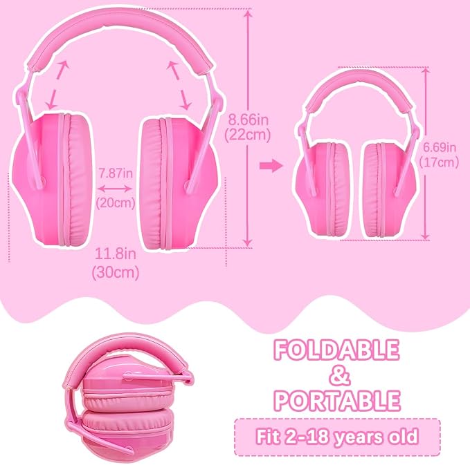 ZOHAN Kids Ear Protection 2 Pack, 25dB NRR Noise Cancelling Headphones for Kids, with Pillowy Pads, for Monster Truck, School, Autism, Sensory, Fireworks, Concerts, Events (Pink+Pink)