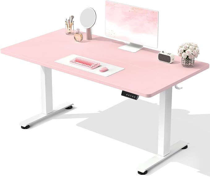 Veken 55 Inch Large Electric Standing Desk, Gaming Table, Pink | Height Adjustable Sit Stand Up Computer Tables for Home Office, Study , Writing, Suit students, employees and group work