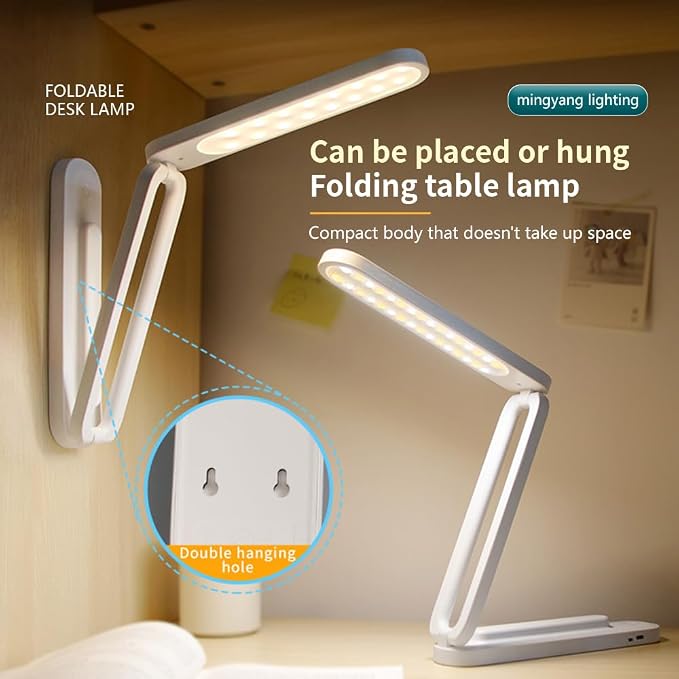 Foldable LED Desk Lamp, Slim Rechargeable USB Table Light, 2400mAh Reading Lamps, 3 Color Modes & Stepless Dimming, Portable Small Desk Light for Office Home Dormitory